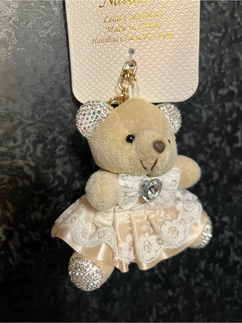 🐻NATASHA plush beige bear WITH lace dress with rhinestone accents.🐻NWT